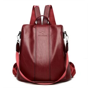 Ladies Anti-theft Soft Leather Backpack Women Vintage Shoulder Bag High Capacity Bag (Color: Burgundy)