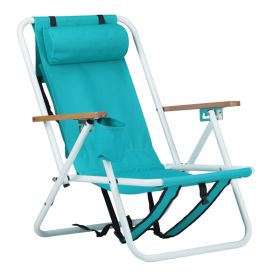 Folding Beach Chair, 4 Position Portable Backpack Foldable Camping Chair with Headrest Cup Holder and Wooden Armrests, Green (Color: as picture)